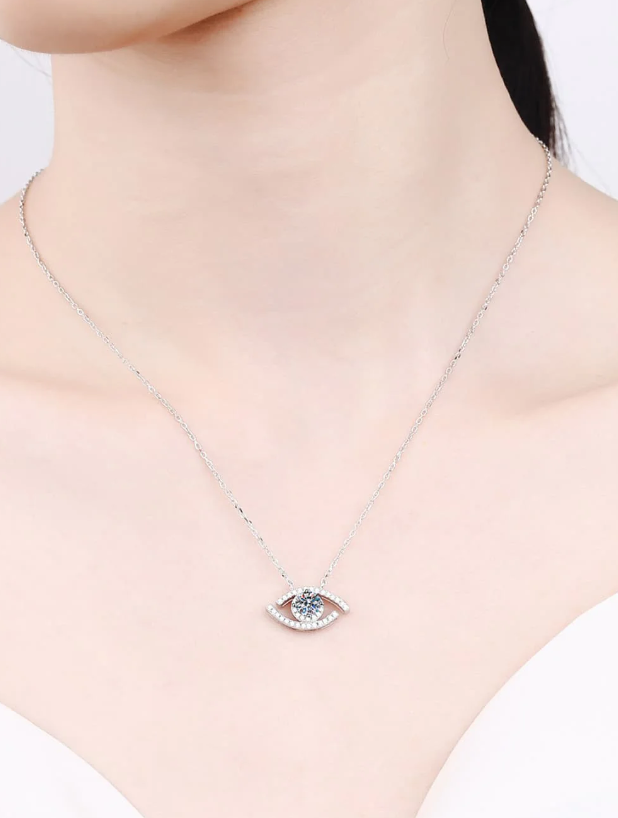 0.5 Carat Moissanite Evil Eye Pendant Necklace | Platinum-Plated Sterling Silver | GRA Certified